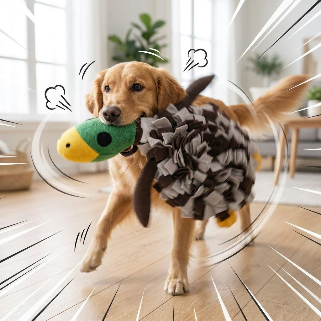 Dog playing and shaking the squeaky duck head of the snuffle mat