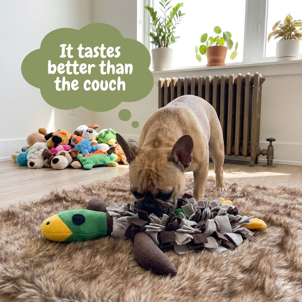 French Bulldog eating from duck snuffle mat - it tastes better than the couch