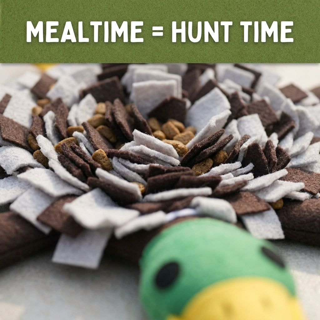 Macro of felt layers with hidden kibble - mealtime is hunt time