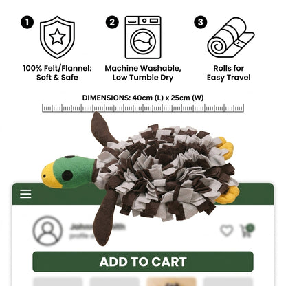Duck snuffle mat features: 100% felt, machine washable, rolls for travel, 40x25cm